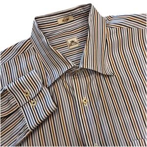 Peter Millar Mens 2XT Tall Striped Button Down Shirt Blue Brown White Cotton
